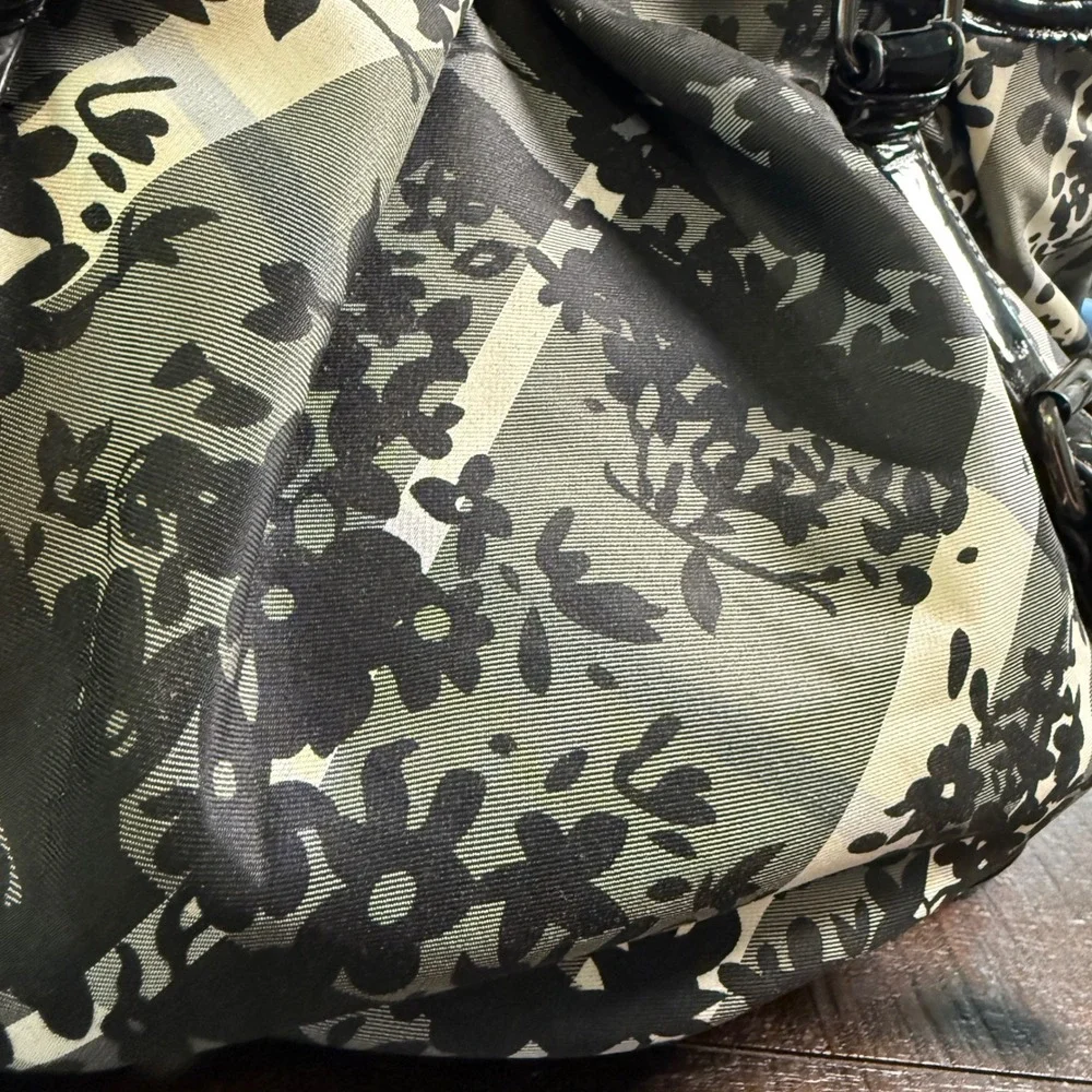 Floral Plaid Check Satchel Bag‎ Black White Patent Trim Purse Tote Crossbody